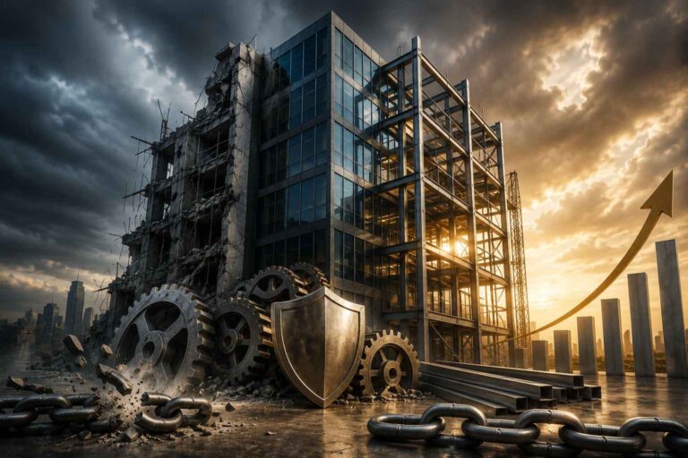 Ilustração conceitual sobre como reestruturar empresa endividada mostrando um prédio corporativo em reconstrução com uma estrutura moderna, engrenagens, um escudo de proteção metálico e um gráfico com uma seta dourada apontando para cima sob o pôr do sol.