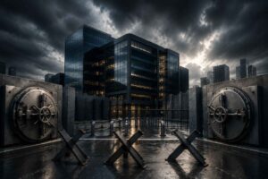 Estrutura corporativa moderna cercada por barreiras metálicas e cofres fechados, simbolizando a dificuldade de acesso a crédito e financiamento empresarial.