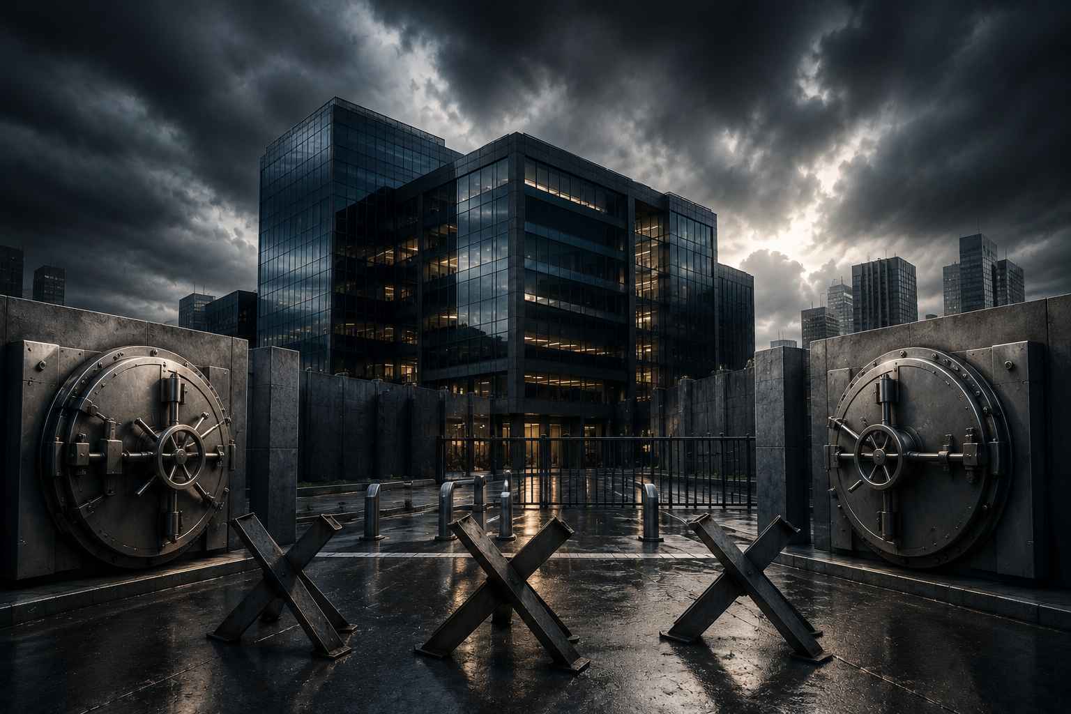 Estrutura corporativa moderna cercada por barreiras metálicas e cofres fechados, simbolizando a dificuldade de acesso a crédito e financiamento empresarial.