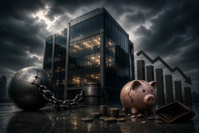 Prédio corporativo cercado por símbolos de restrição financeira, com recursos escassos e indicadores de queda representando dificuldades para manter o capital de giro da empresa.
