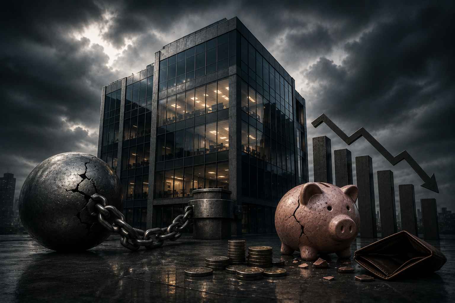 Prédio corporativo cercado por símbolos de restrição financeira, com recursos escassos e indicadores de queda representando dificuldades para manter o capital de giro da empresa.
