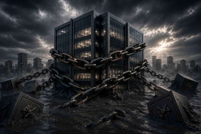 Prédio corporativo envolvido por correntes pesadas em meio a um cenário sombrio, simbolizando o excesso de empréstimos e o comprometimento financeiro da empresa.