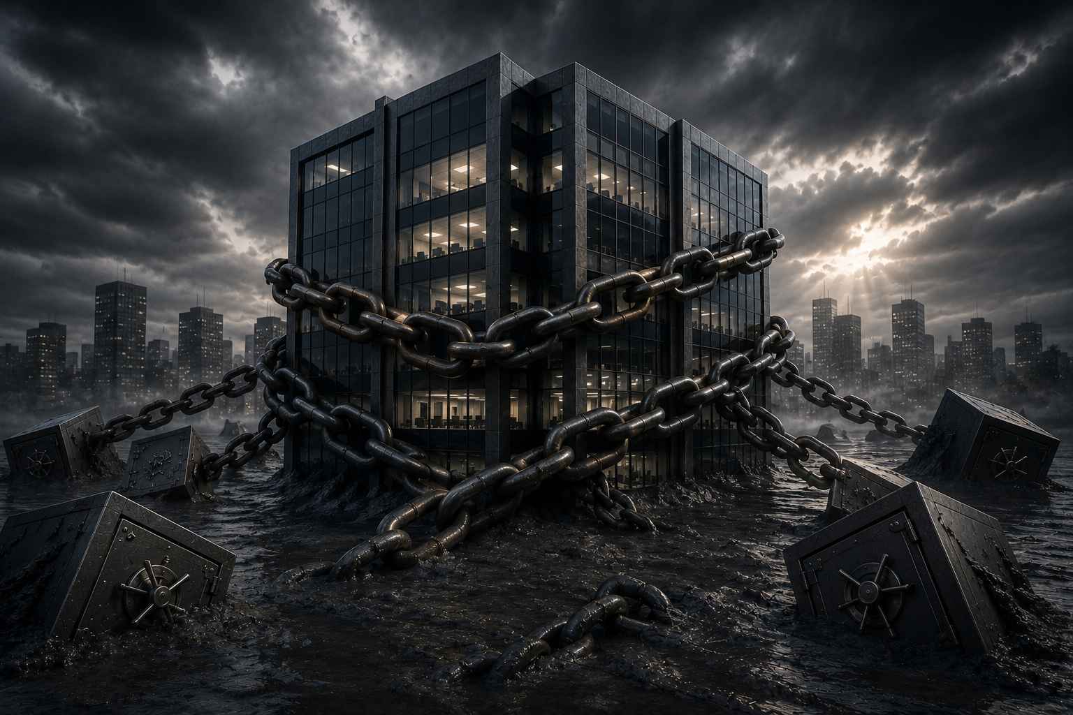 Prédio corporativo envolvido por correntes pesadas em meio a um cenário sombrio, simbolizando o excesso de empréstimos e o comprometimento financeiro da empresa.