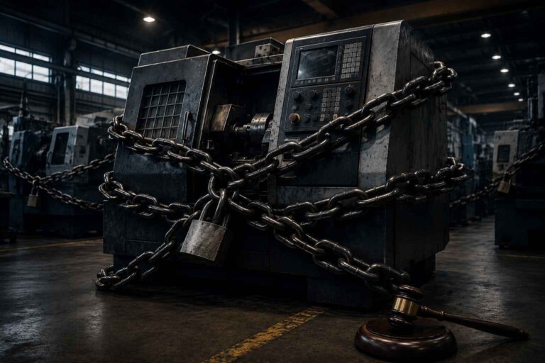 Máquina industrial de grande porte envolvida por correntes e cadeado dentro de uma fábrica, simbolizando a restrição de bens produtivos em razão de cobrança judicial.