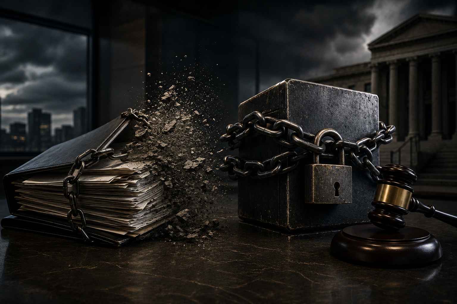 Documentos e ativos empresariais ligados por correntes a elementos que simbolizam medidas judiciais, representando a transformação de uma dívida em processo de execução.