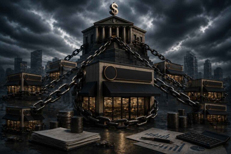 Rede de unidades comerciais interligadas por estruturas financeiras e correntes metálicas, simbolizando os desafios enfrentados por franquias diante de dívidas bancárias e obrigações financeiras.
