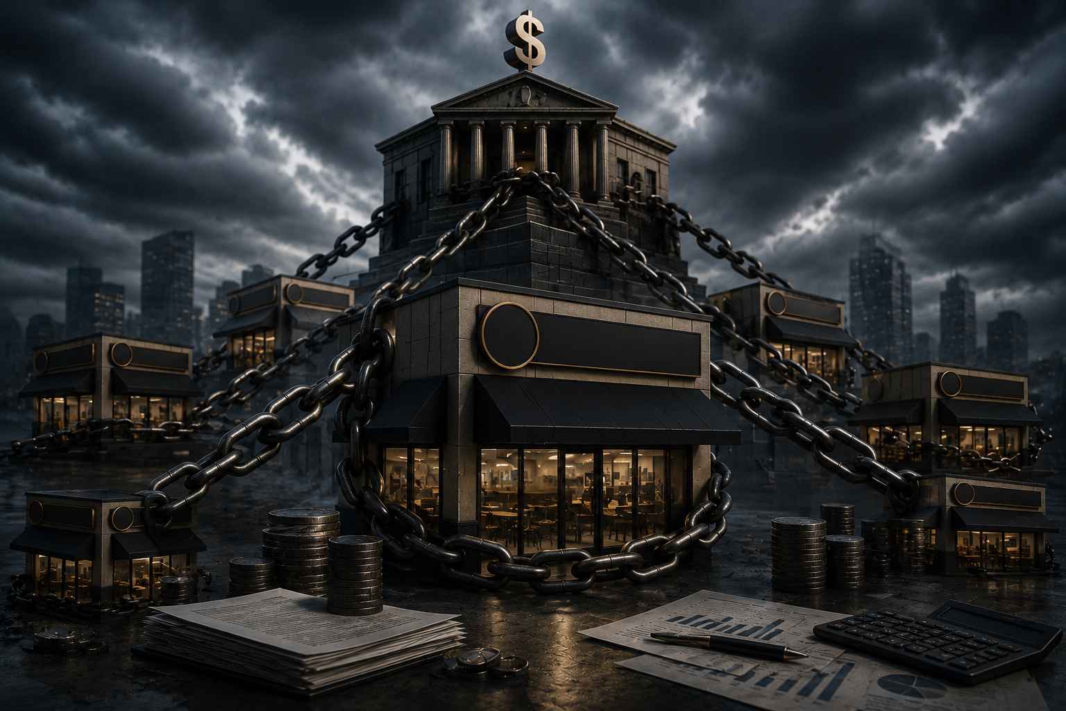 Rede de unidades comerciais interligadas por estruturas financeiras e correntes metálicas, simbolizando os desafios enfrentados por franquias diante de dívidas bancárias e obrigações financeiras.