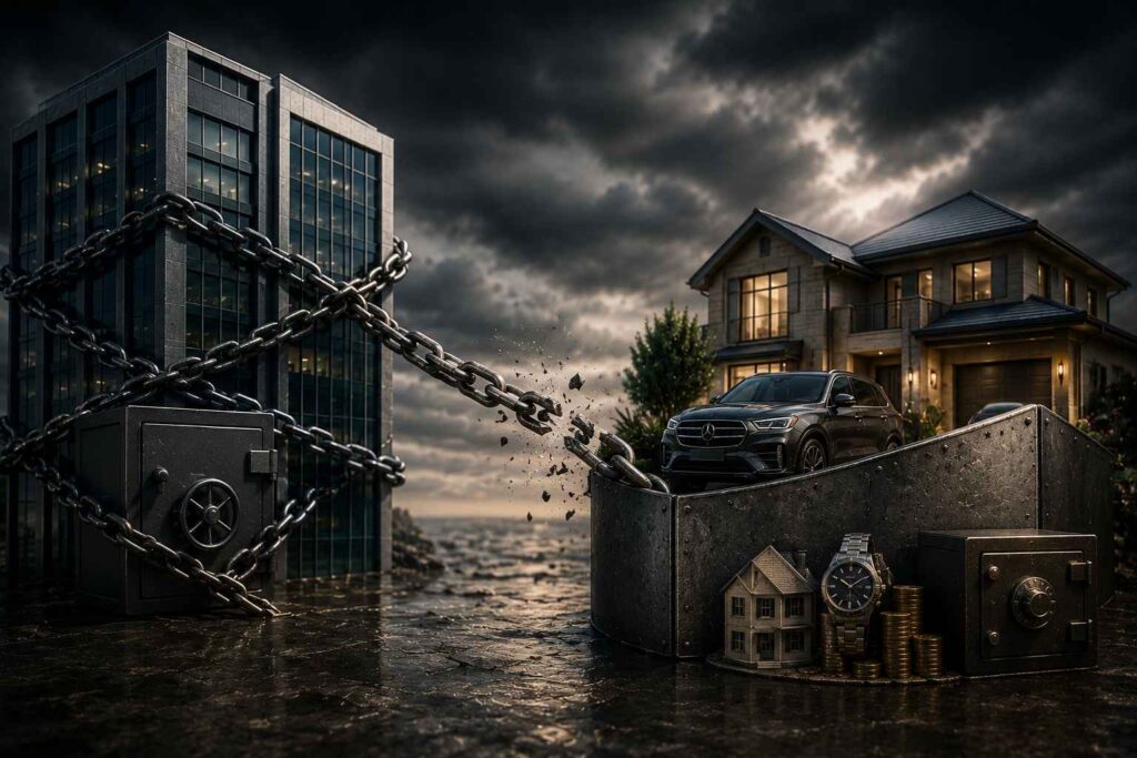 Prédio corporativo ligado por correntes a um cofre, enquanto uma residência, veículo e patrimônio pessoal aparecem protegidos por uma barreira metálica, simbolizando a separação entre dívidas empresariais e bens particulares.