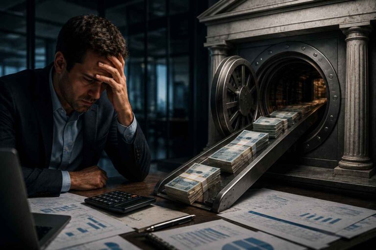 Empresário preocupado observando recursos financeiros sendo drenados para um grande cofre, simbolizando o comprometimento do caixa da empresa por obrigações bancárias.