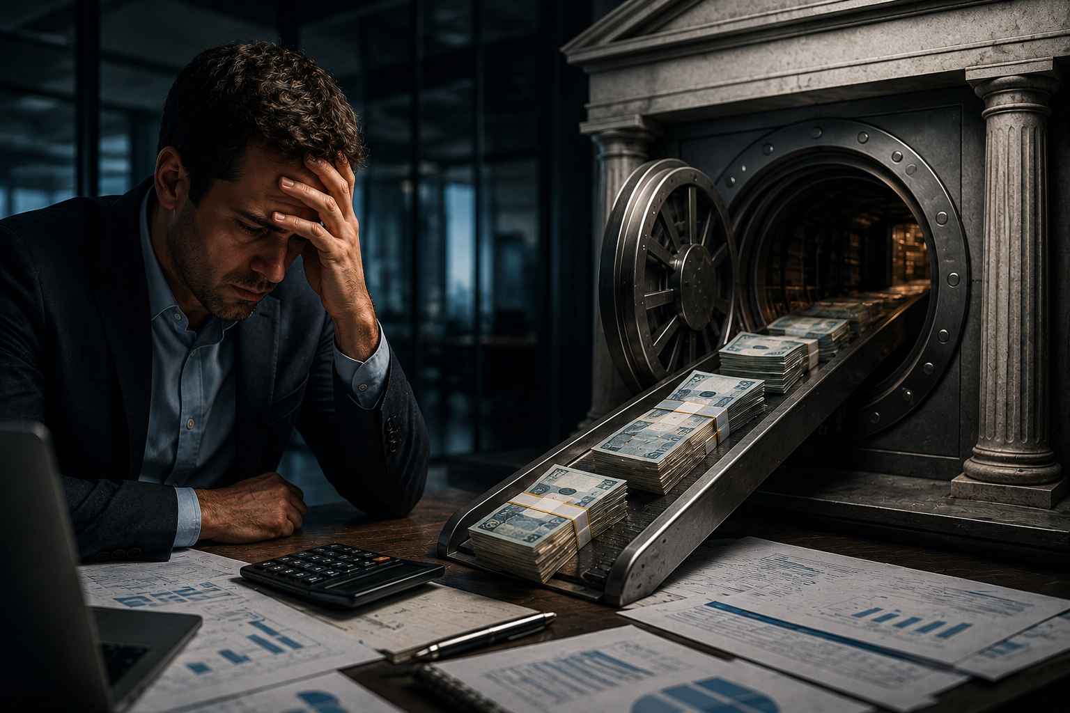 Empresário preocupado observando recursos financeiros sendo drenados para um grande cofre, simbolizando o comprometimento do caixa da empresa por obrigações bancárias.