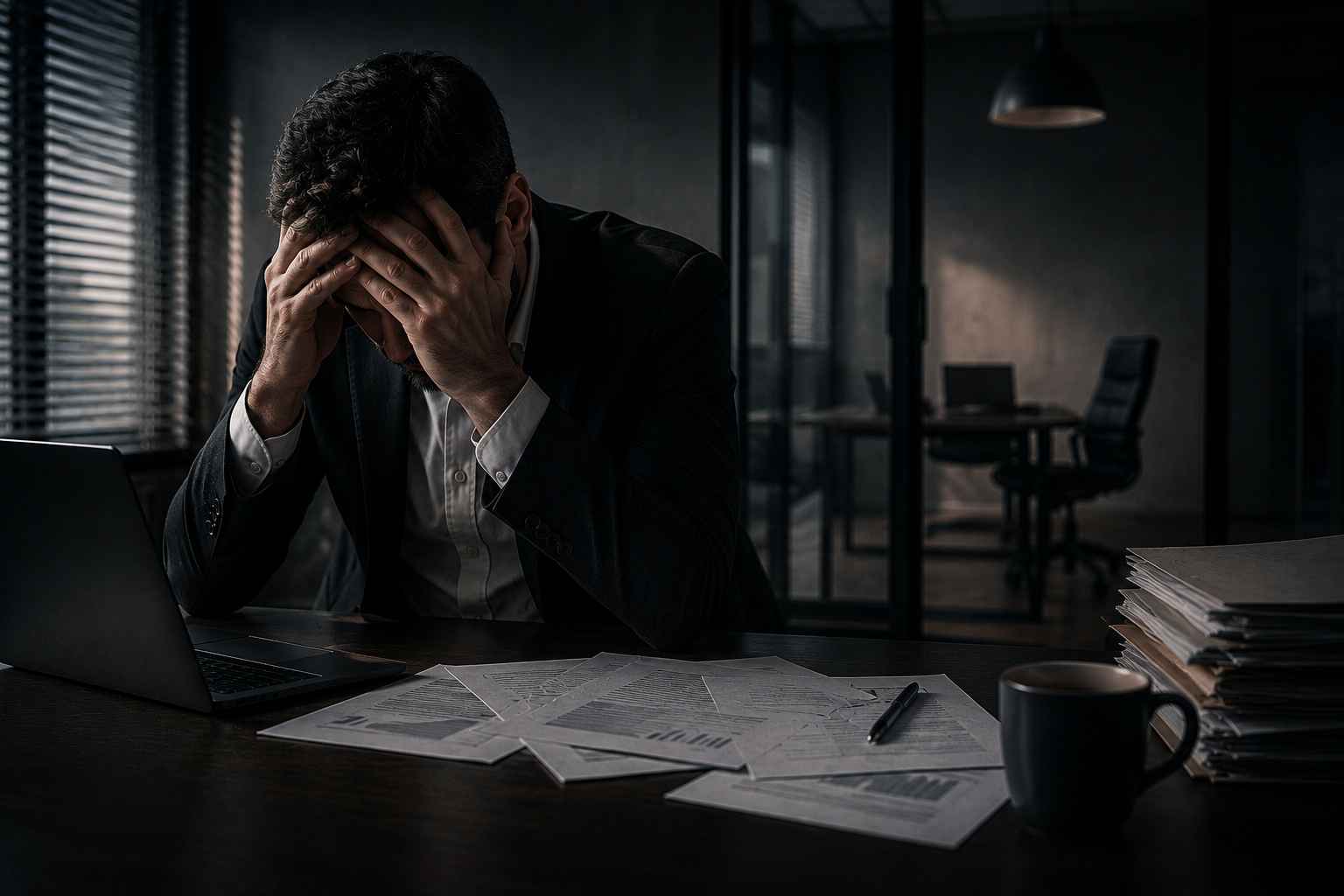 Empresário preocupado em escritório corporativo, cercado por documentos e relatórios financeiros, representando os impactos que dificuldades empresariais podem causar na vida do sócio.