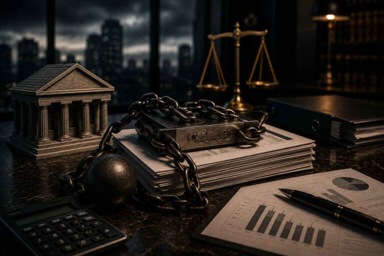 Documentos empresariais presos por correntes ao lado de miniatura bancária e elementos jurídicos em escritório corporativo sofisticado.