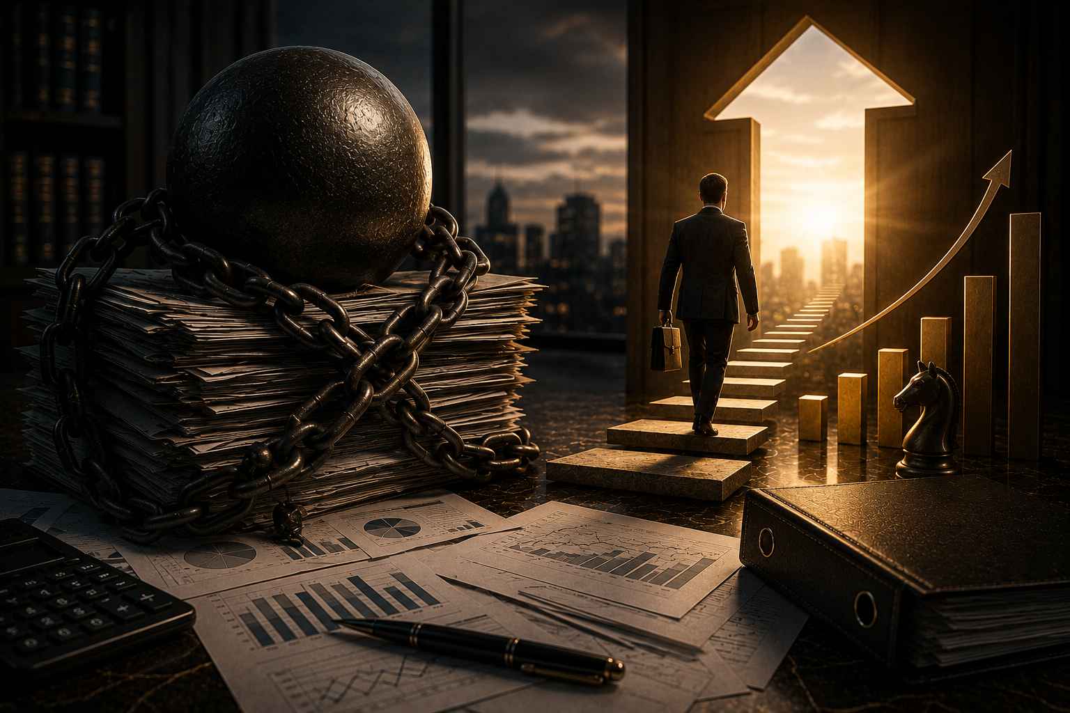 Pilha de documentos acorrentados ao lado de caminho iluminado simbolizando recuperação financeira empresarial em escritório sofisticado.