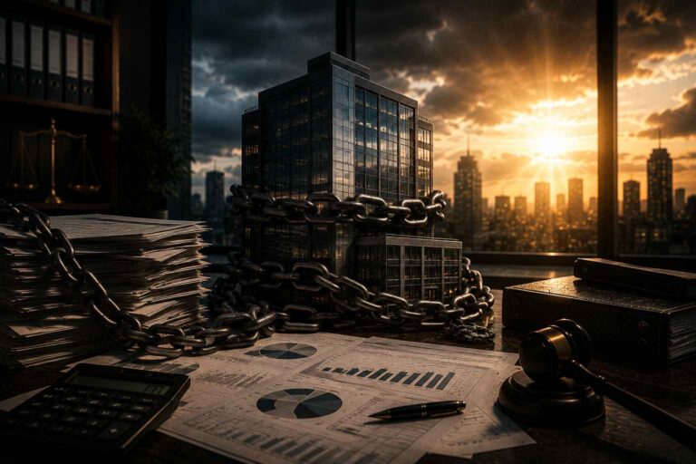 Prédio corporativo envolto por correntes sobre mesa jurídica com documentos financeiros e iluminação dramática ao pôr do sol.