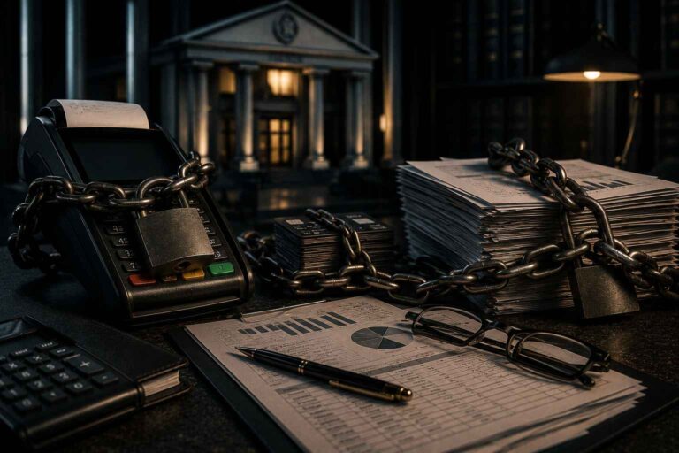 Maquininha de cartão presa por correntes ao lado de documentos financeiros bloqueados em ambiente corporativo sofisticado.