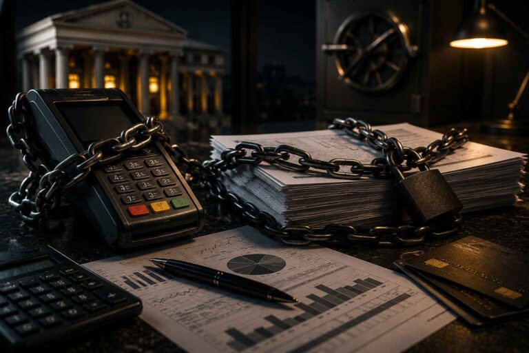 Maquininha de cartão presa por correntes ao lado de contratos financeiros e documentos empresariais em escritório sofisticado.