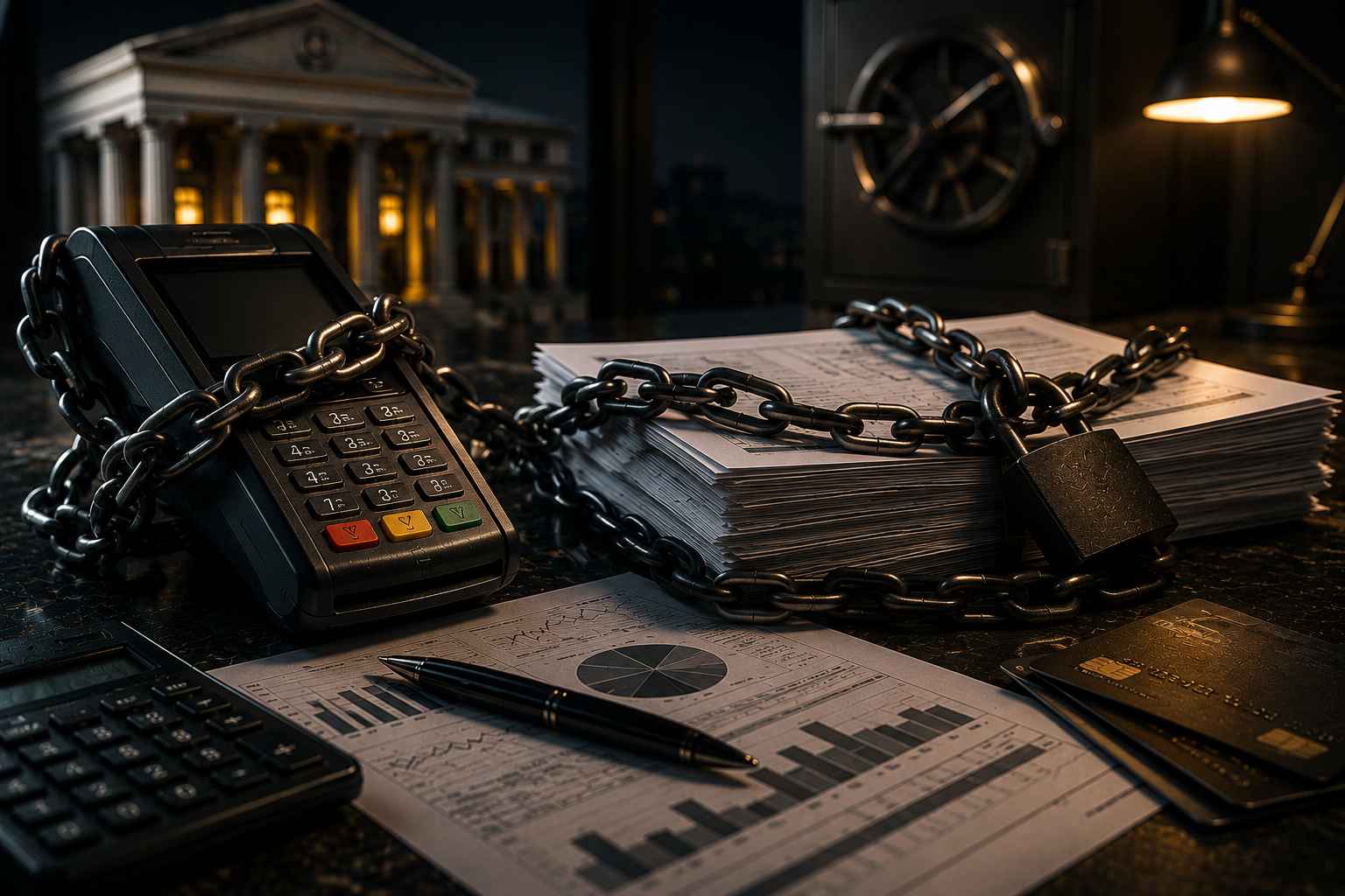 Maquininha de cartão presa por correntes ao lado de contratos financeiros e documentos empresariais em escritório sofisticado.