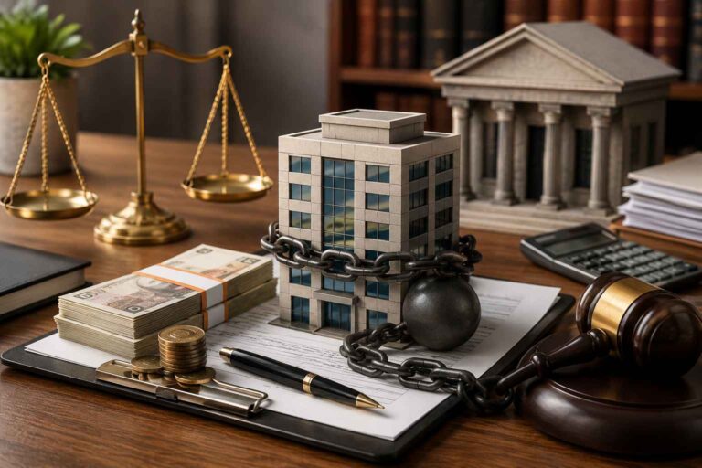 Empresa em miniatura presa por corrente e bola de ferro, representando dívida bancária empresarial.