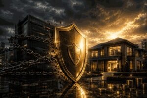 Escudo dourado protegendo uma casa iluminada contra correntes escuras vindas de um prédio corporativo em tempestade, representando proteção patrimonial contra dívidas empresariais