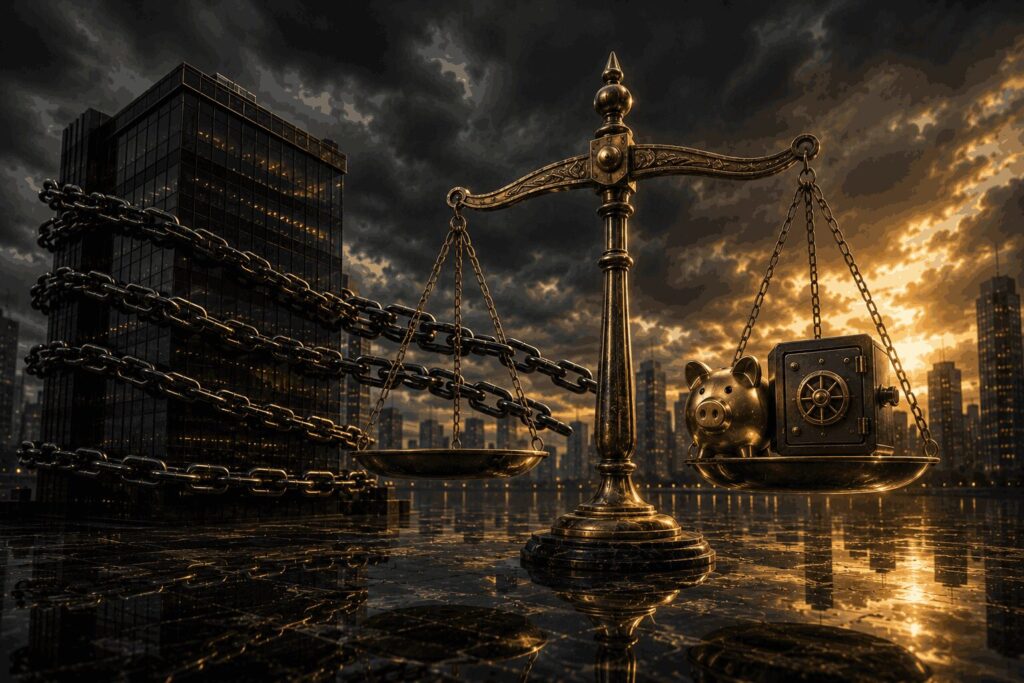 Balança da justiça dourada equilibrando um cofre e um cofrinho contra correntes escuras de um prédio corporativo, representando limites legais ao bloqueio de bens de sócio pelo banco
