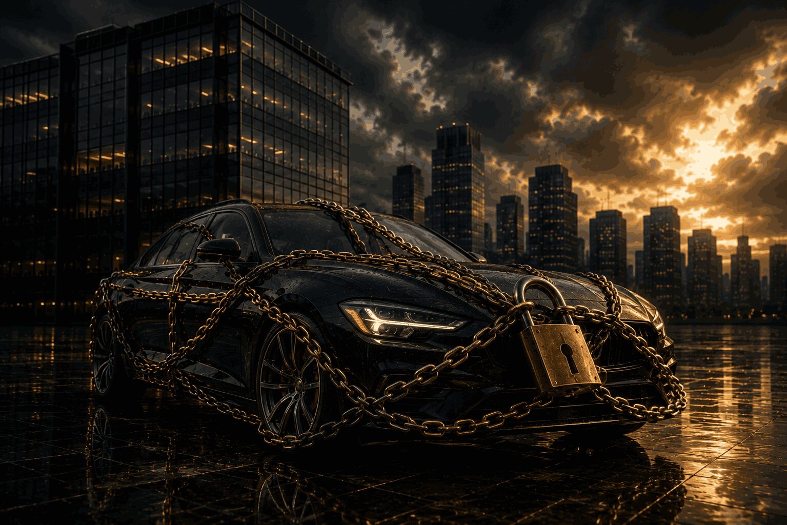 Carro de luxo preso por correntes douradas com cadeado em frente a prédio corporativo sob céu tempestuoso, representando penhora de veículo de sócio por dívida empresarial