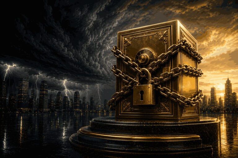 Ilustração de um cofre dourado ornamentado selado com correntes e um grande cadeado, posicionado diante de uma tempestade se aproximando, simbolizando a proteção antecipada do patrimônio antes de uma crise financeira