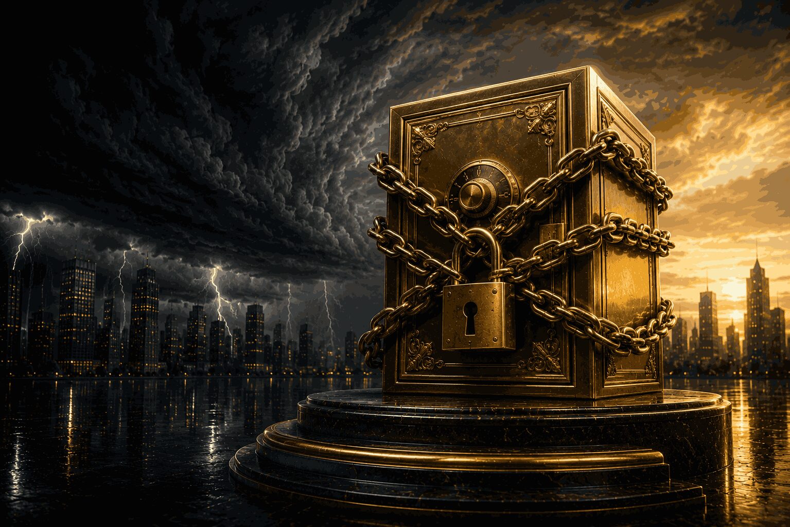 Ilustração de um cofre dourado ornamentado selado com correntes e um grande cadeado, posicionado diante de uma tempestade se aproximando, simbolizando a proteção antecipada do patrimônio antes de uma crise financeira