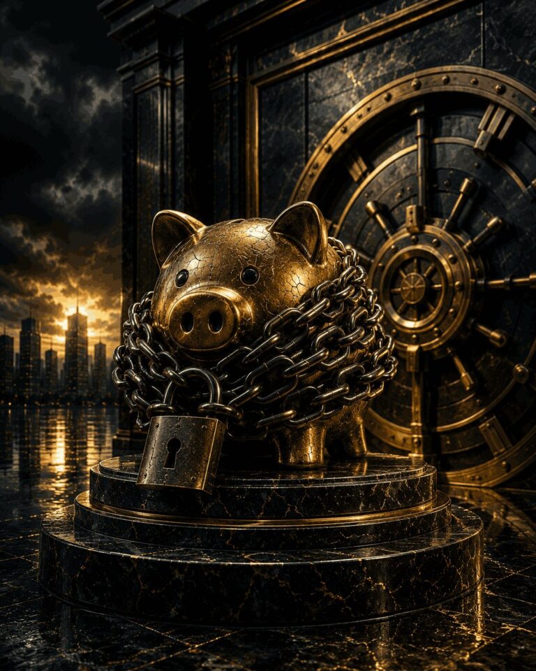Ilustração de um cofrinho dourado imobilizado por correntes escuras e um grande cadeado diante de uma porta de cofre bancário, simbolizando o bloqueio de conta corrente por dívida com o banco