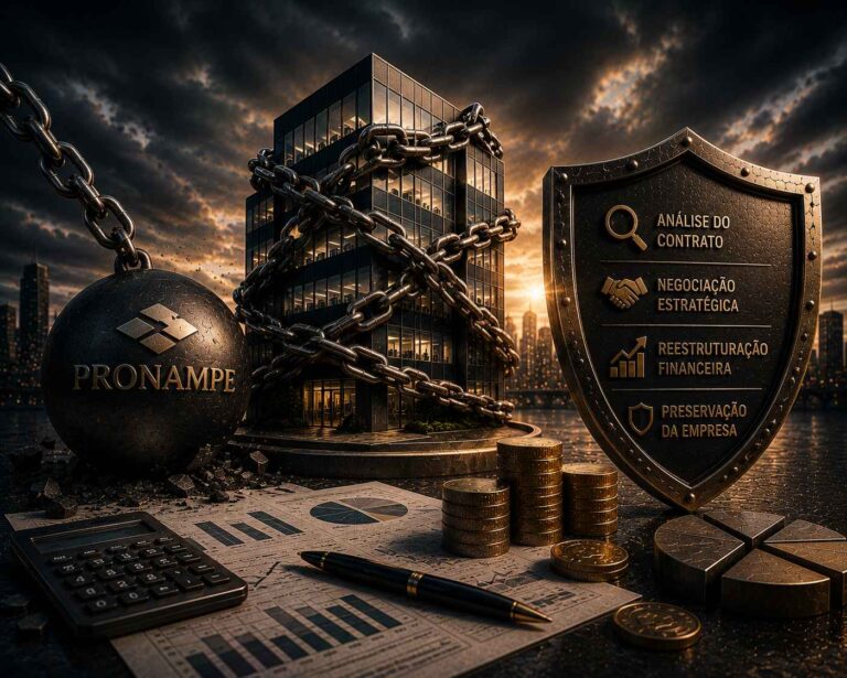 Edifício corporativo envolvido por correntes metálicas diante de um ambiente financeiro, com um escudo simbolizando alternativas para reorganização de dívidas relacionadas ao Pronampe.