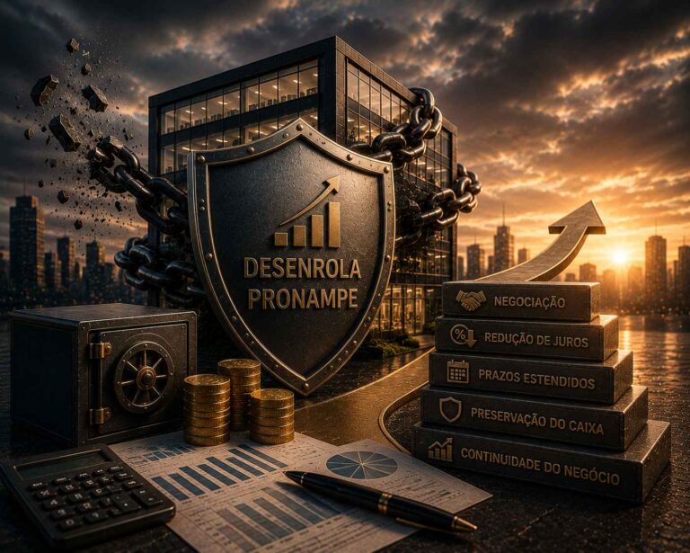 Edifício corporativo envolvido por correntes parcialmente rompidas, protegido por um escudo metálico, simbolizando a reorganização de dívidas relacionadas ao Pronampe e a recuperação financeira da empresa.