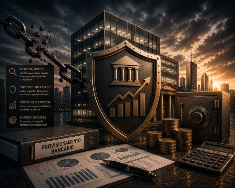 Edifício corporativo protegido por um escudo metálico, cercado por elementos financeiros e um cofre, simbolizando planejamento financeiro, gestão de riscos e provisionamento de obrigações bancárias.