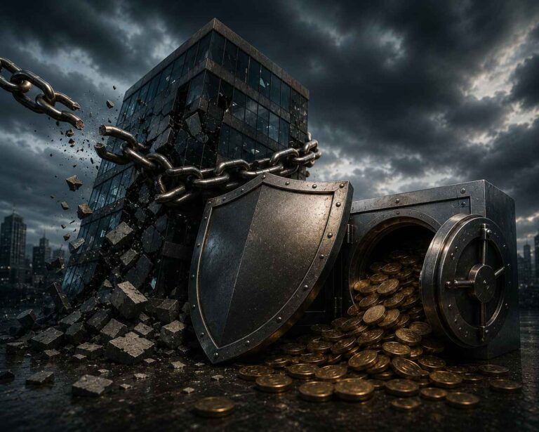 Edifício corporativo parcialmente envolvido por correntes pesadas ao lado de um cofre aberto com moedas espalhadas e um escudo metálico no primeiro plano, simbolizando os riscos do inadimplemento em operações de crédito com garantia FGI.