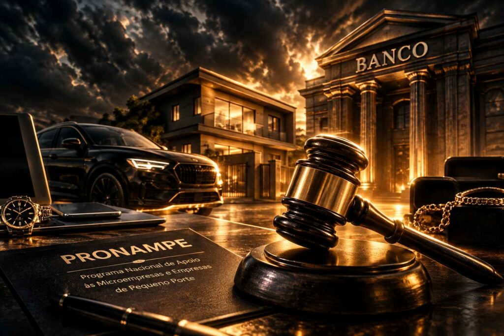 Imagem ilustrativa sobre banco pode penhorar bens por dívida do Pronampe, mostrando um banco, uma residência, um veículo, um martelo de juiz e um documento identificado como Pronampe.