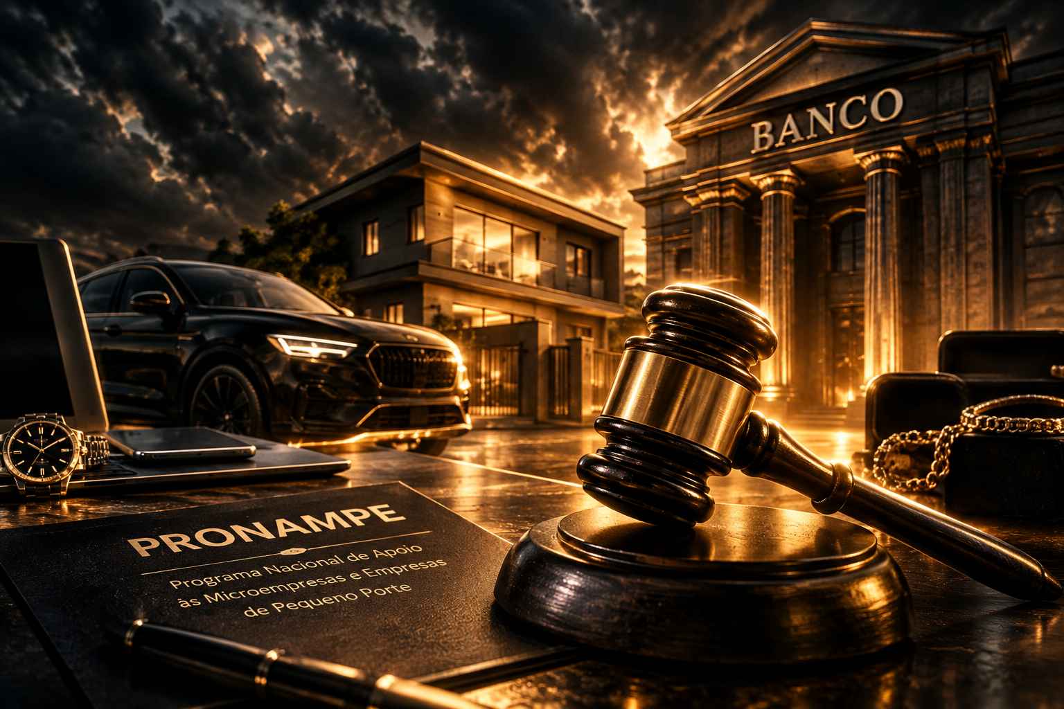 Imagem ilustrativa sobre banco pode penhorar bens por dívida do Pronampe, mostrando um banco, uma residência, um veículo, um martelo de juiz e um documento identificado como Pronampe.