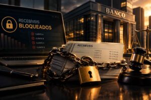 Imagem ilustrativa sobre recebíveis bloqueados por dívida bancária, mostrando documentos de recebíveis presos por uma corrente e cadeado, um banco ao fundo, computador com indicação de recebíveis bloqueados, balança da Justiça e martelo judicial.